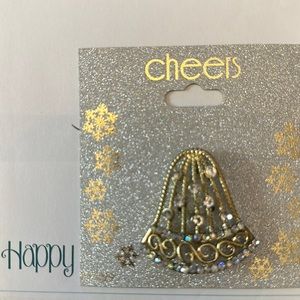 Holiday Bell pin with crystals, silver tone NEW